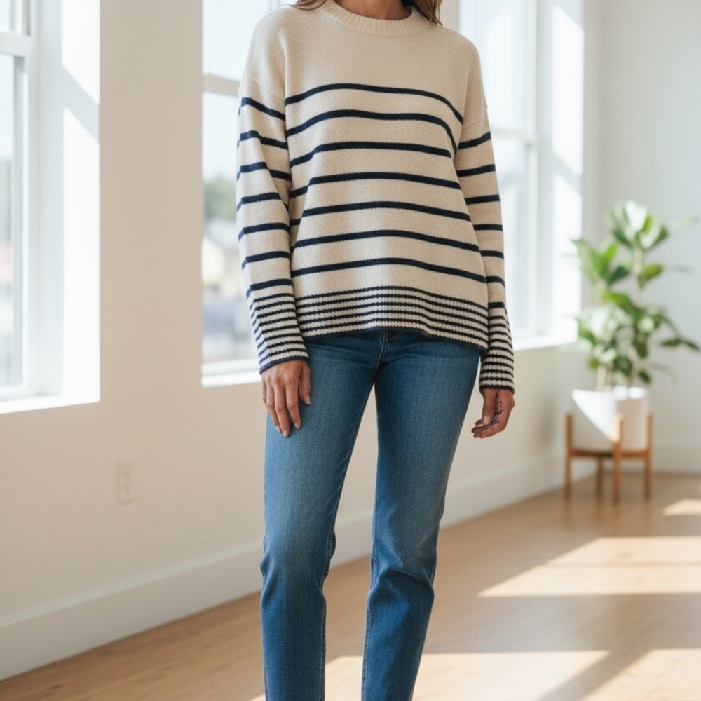 American Eagle Outfitters Cream and Navy Striped Sweater